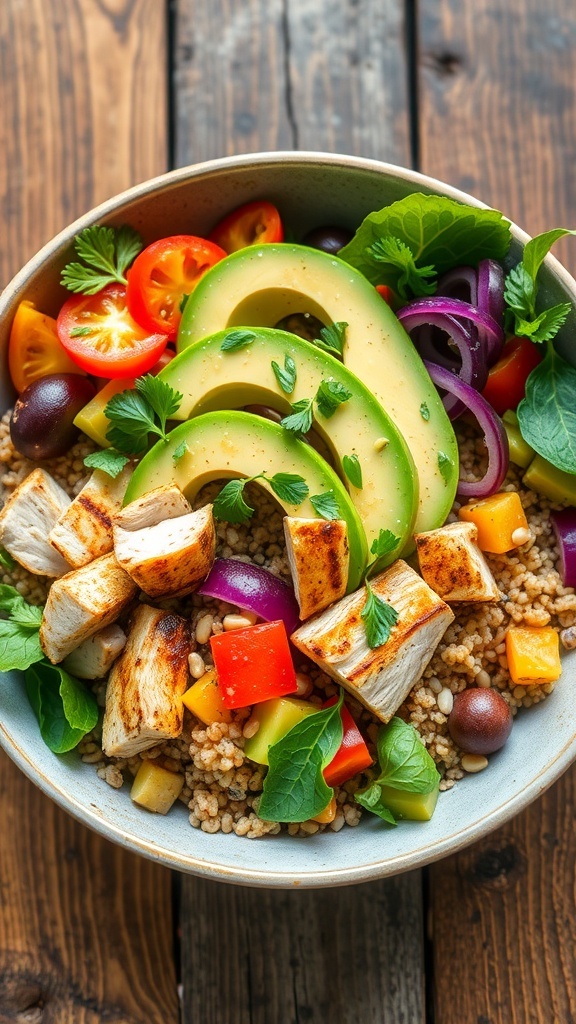 A colorful quinoa bowl with vegetables, avocado, chicken, and seeds on a wooden table.